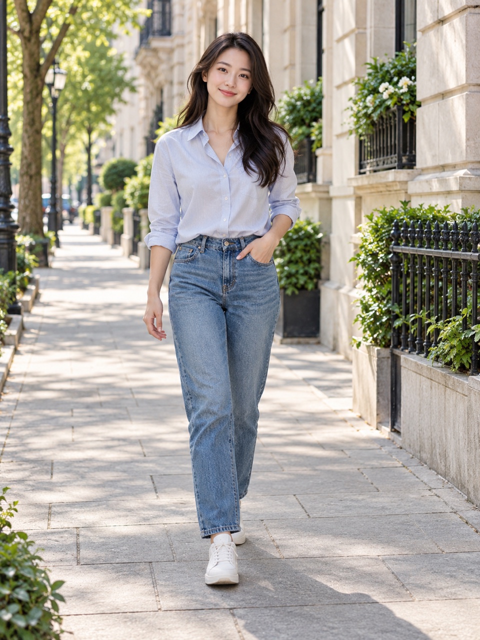 城市街区里自然站立的女生姿势参考